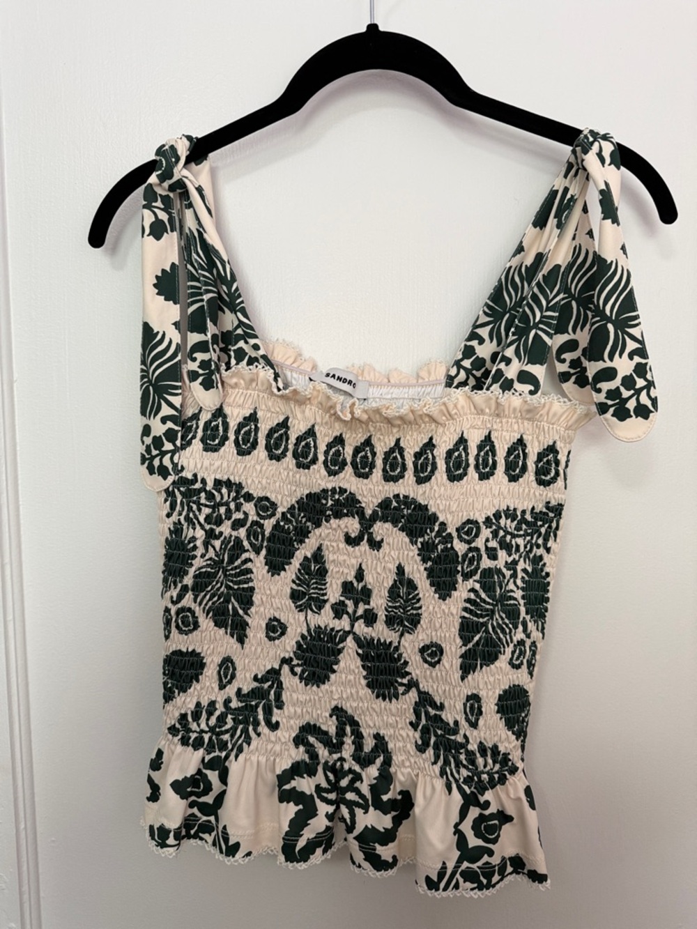 Sandro Cream Tank Top with Dark Green Floral Print
